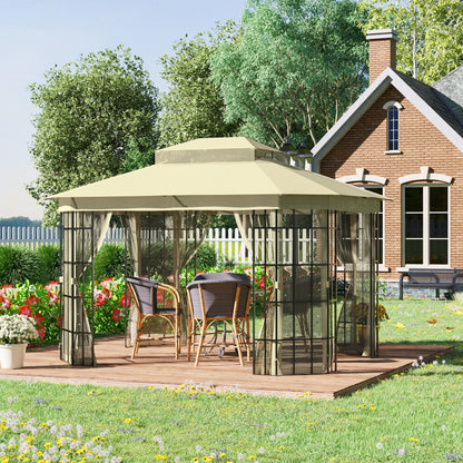 Outsunny 3.7 x 3(m) Patio Gazebo Canopy Garden Tent Shelter with 2 Tiers Roof and Mosquito Netting, Metal Frame, Beige