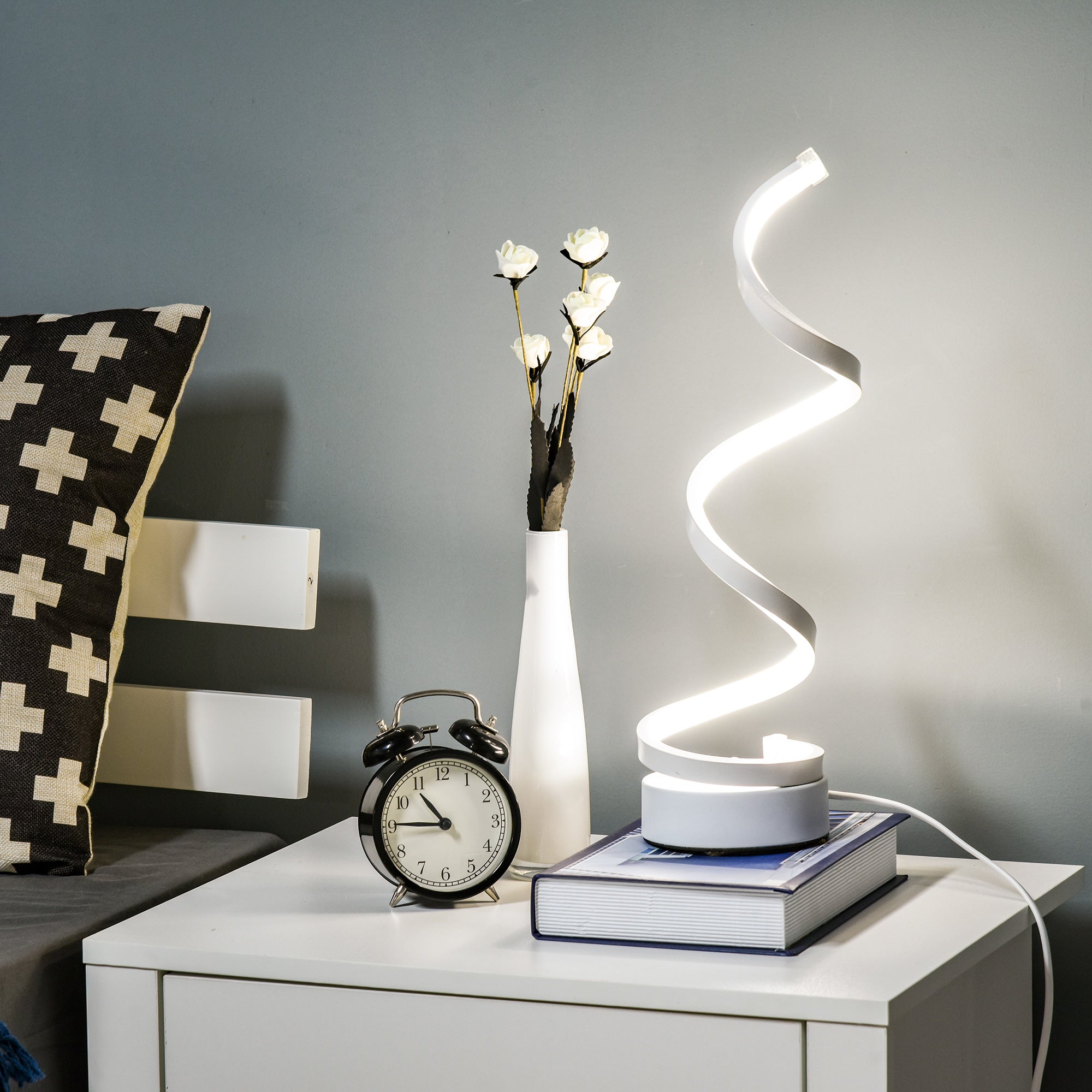 HOMCOM Modern Wave-Shaped LED Table Lamp with Round Metal Base for Living Room, Bedroom, Study, Dining Room, Office, Cool White 6000K, White 