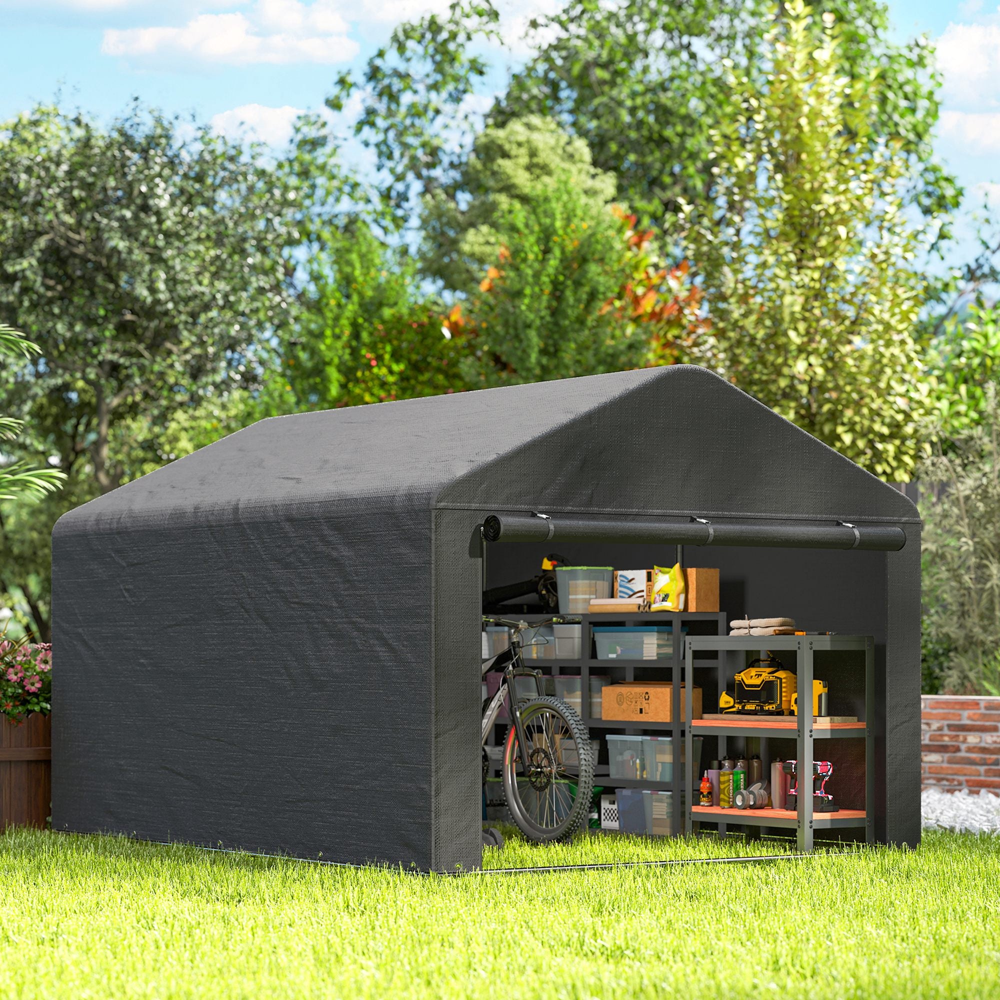 Outsunny 6.6 x 7.8ft Outdoor Garden Storage Shed, Waterproof Bike Tent with Roll-up Zipper Door, Galvanised Metal Frame, Portable Shed Shelter Carport for Motorcycle Garden Tools, Dark Grey 
