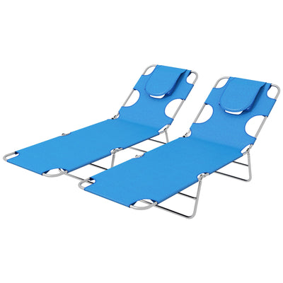 Outsunny Foldable Sun Lounger Set of 2 with Reading Hole, Portable Sun Lounger with 5 Level Adjustable Backrest, Reclining Lounge Chair with Side Pocket, Headrest Pillow, Blue 