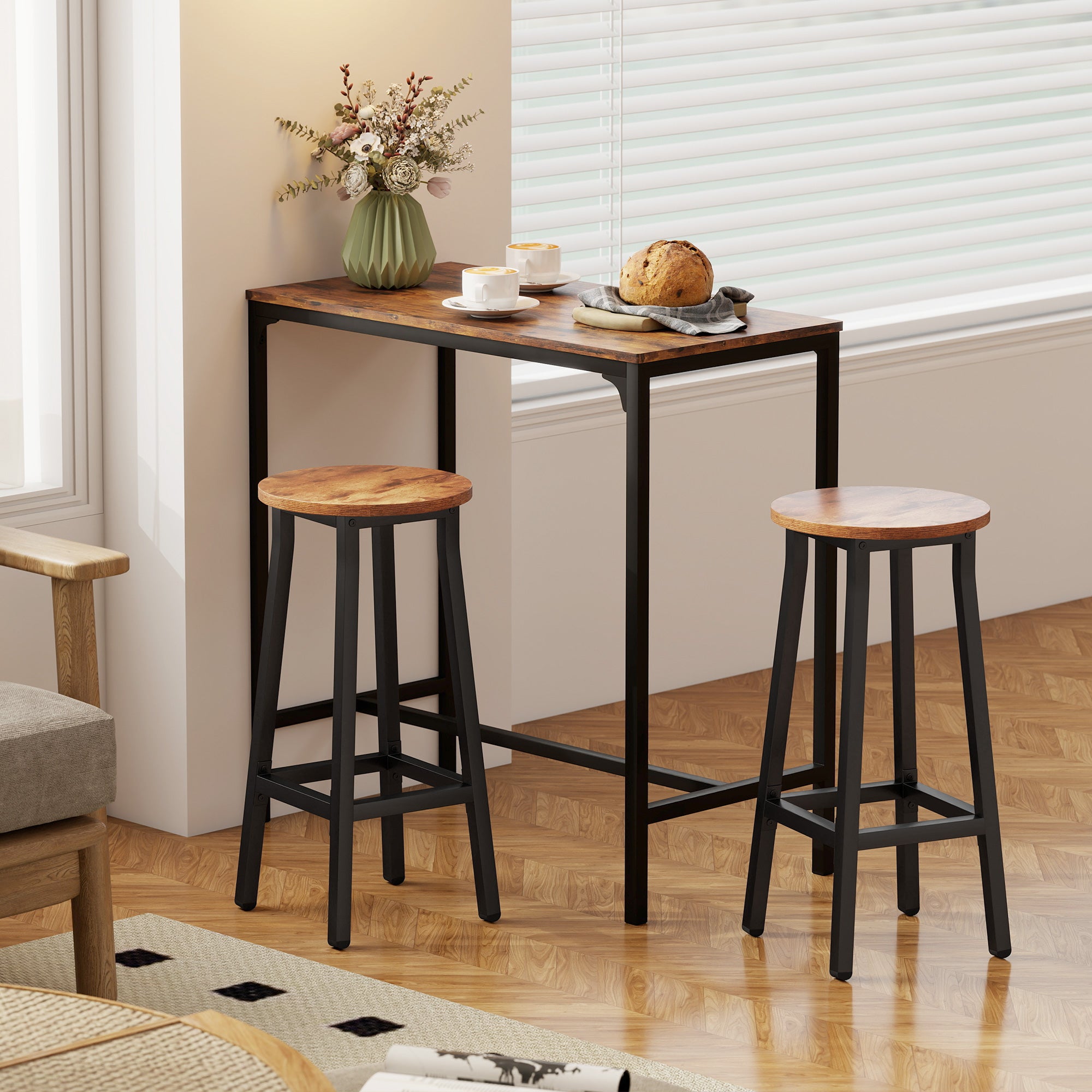 HOMCOM Bar Stools Set of 2 Breakfast Bar Stools with Footrest, Industrial Round, 32 x 32 x 65 cm, Rustic Brown 