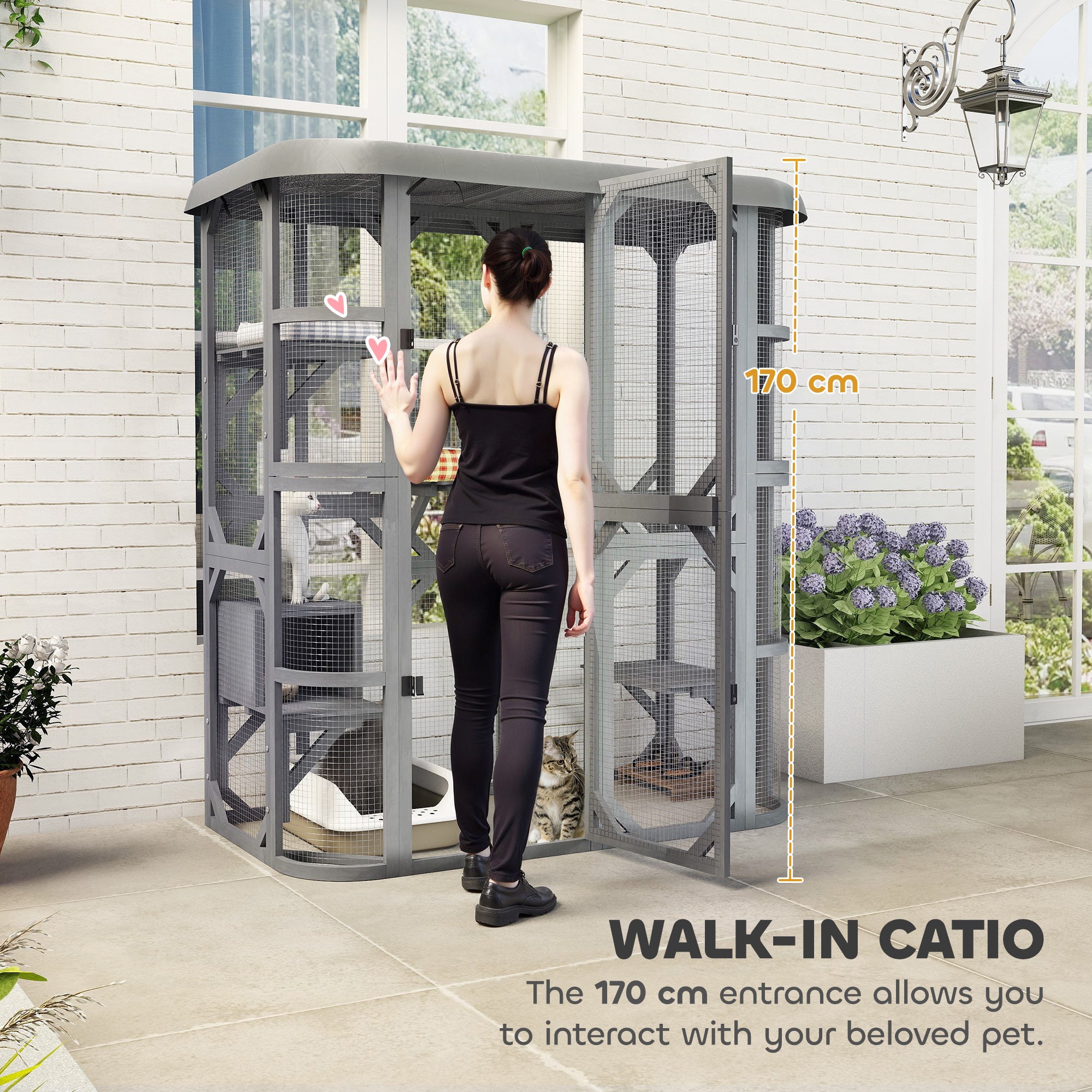 PawHut Catio Outdoor Cat Enclosure,  Wooden Cat House with Platforms, Condo and Waterproof Cover for 2–3 Kittens, Grey 