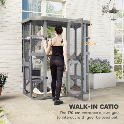 PawHut Catio Outdoor Cat Enclosure,  Wooden Cat House with Platforms, Condo and Waterproof Cover for 2–3 Kittens, Grey 