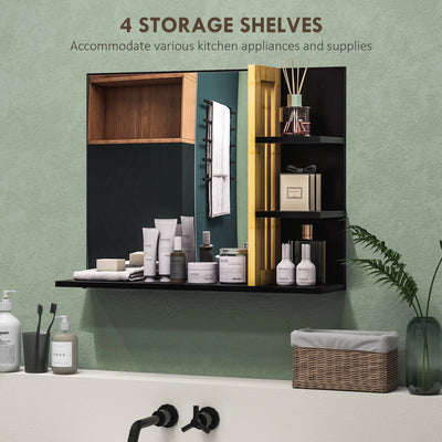 HOMCOM Bamboo Panel Bathroom Mirror, with Shelves 