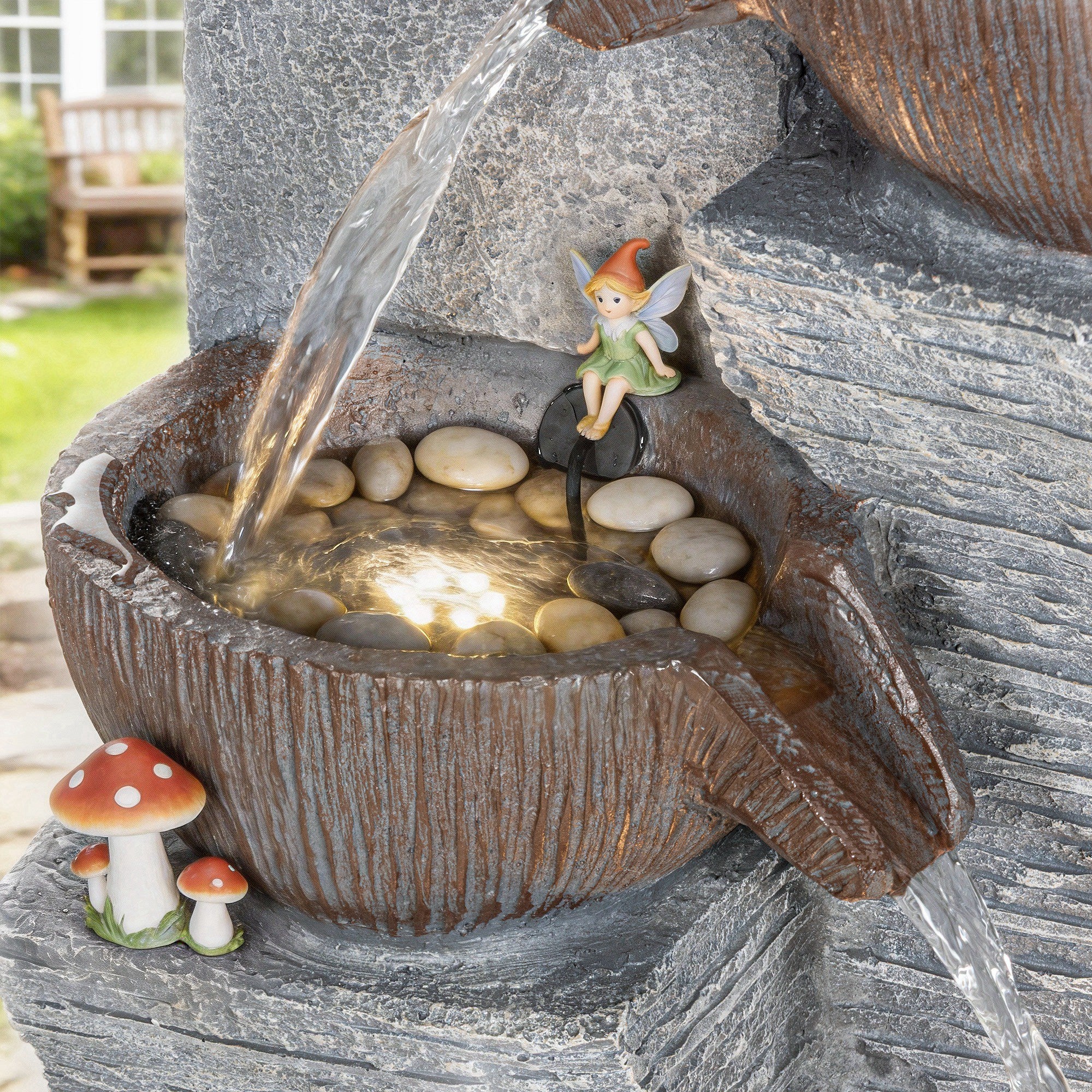 Outsunny Outdoor Fountain with 5-Tier, Garden Fountain with LED Lights, Adjustable Flow, Grey and Rustic Brown 