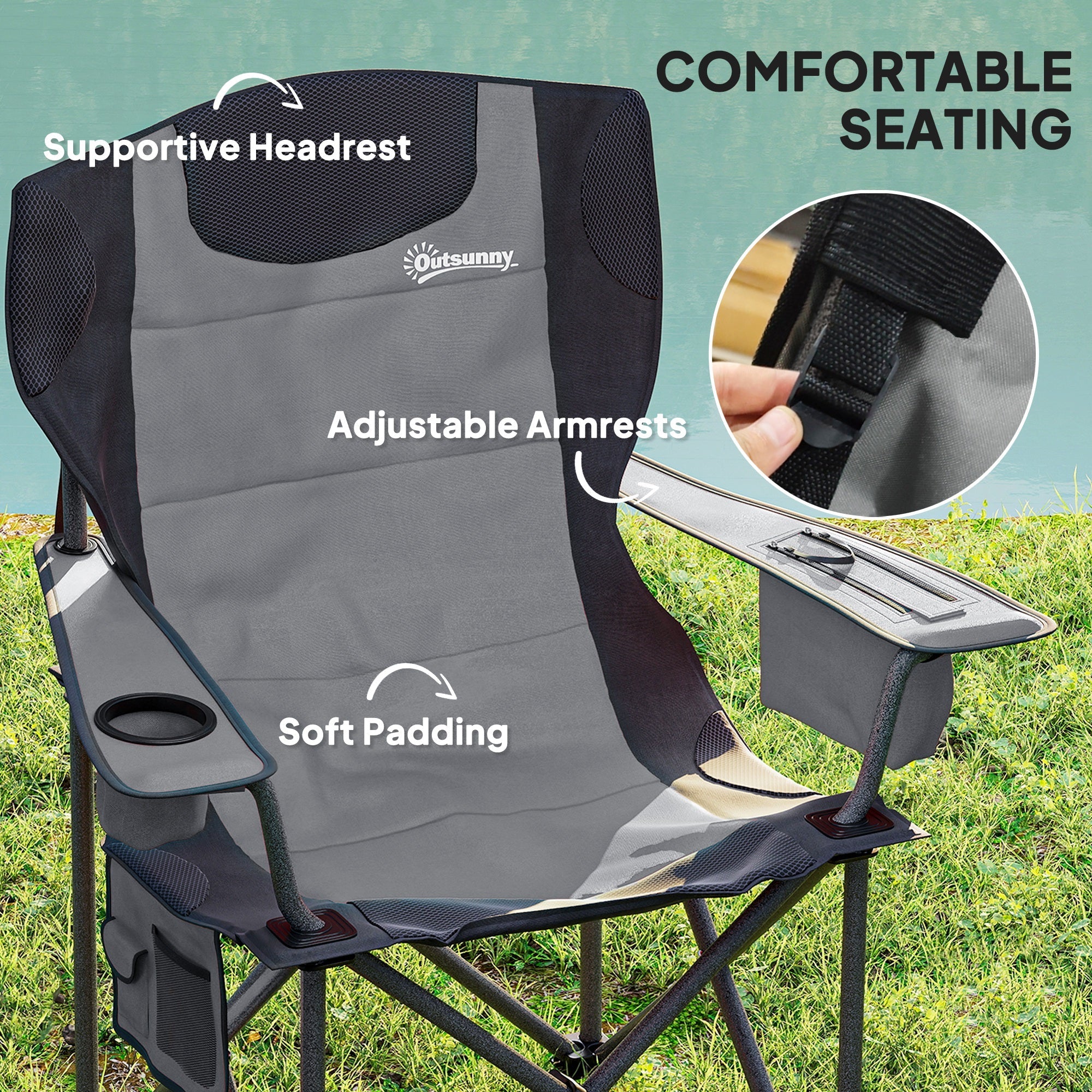 Outsunny Set of 2 Folding Camping Chairs, Padded Camping Chairs with Adjustable Armrests, Portable & Lightweight Folding Camp Chair with Cooler Bag, Cup Holder and Side Pockets, Grey 