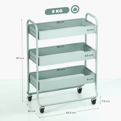 HOMCOM 3-Tier Storage Trolley on Wheels, Rolling Utility Cart with Mesh Backets for Kitchen, Bathroom, Bedroom, Light Green 
