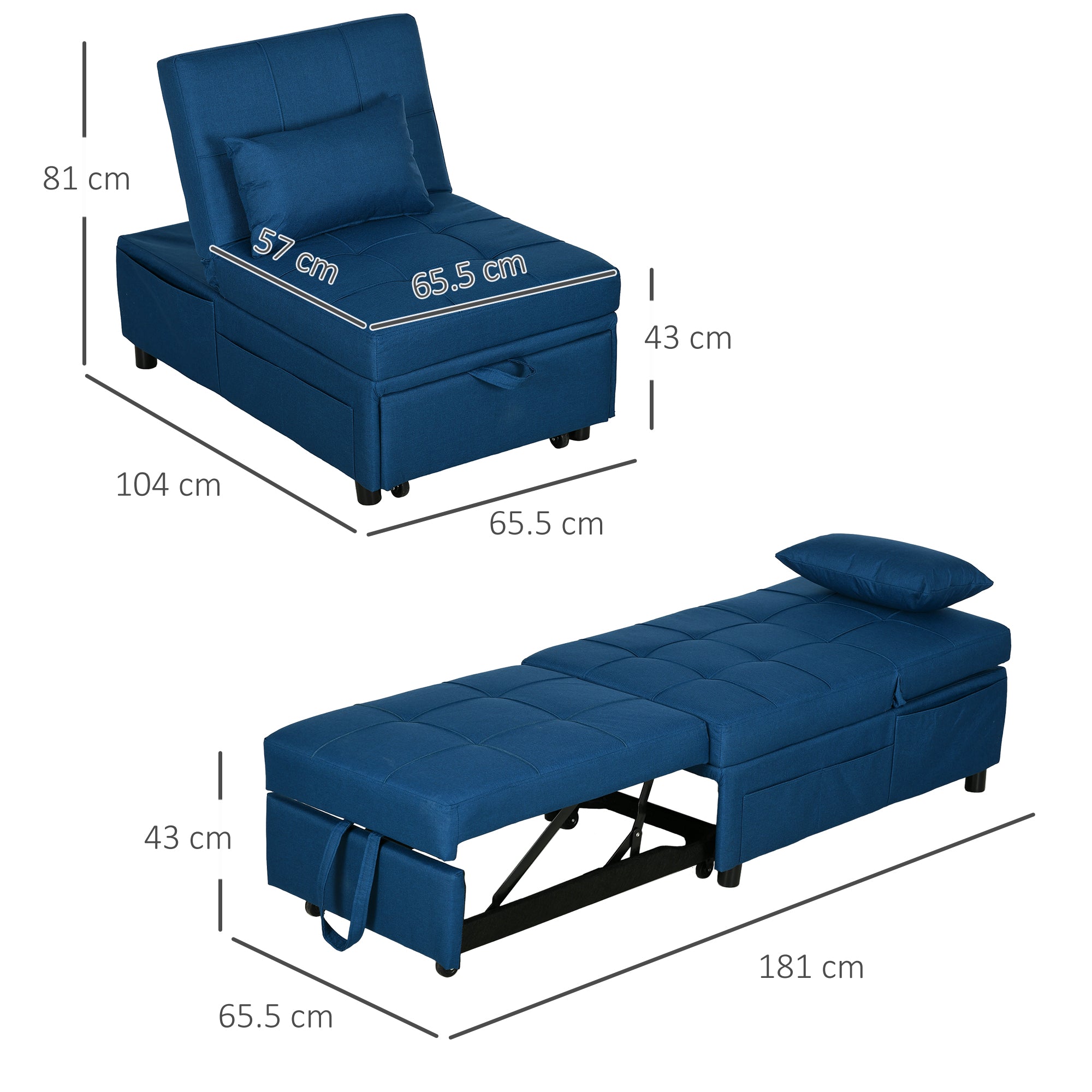 HOMCOM Convertible Chair Bed with Padding Seat, 4-in-1 Multi-Functional Sleeper Sofa Bed, Recliner with Adjustable Backrest, Side Pocket, Wheels and Pillow, for Living Room, Blue 