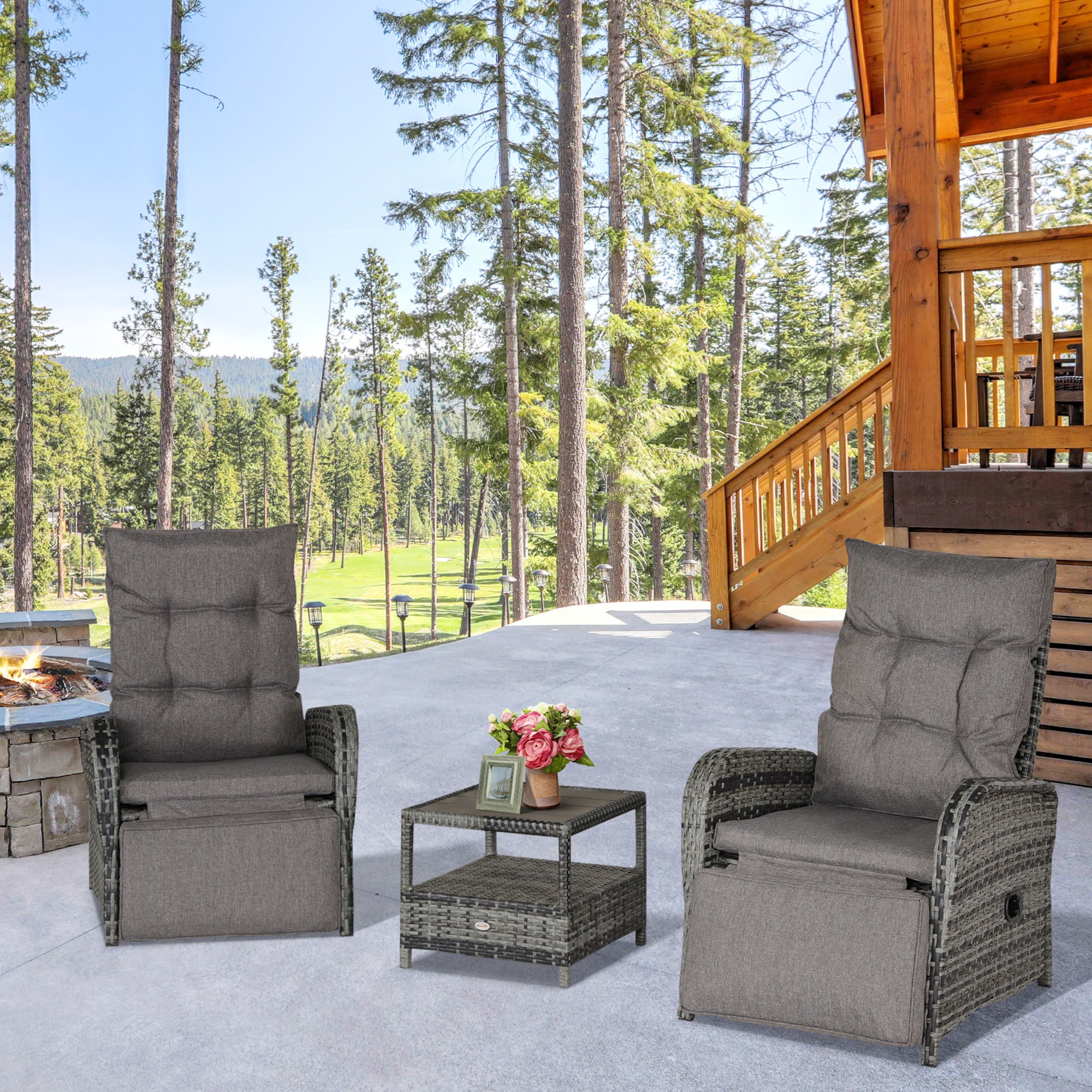 Outsunny 2 Seater Patio Wicker Chaise Lounge Sofa Set with Fabric Cushion, Grey 