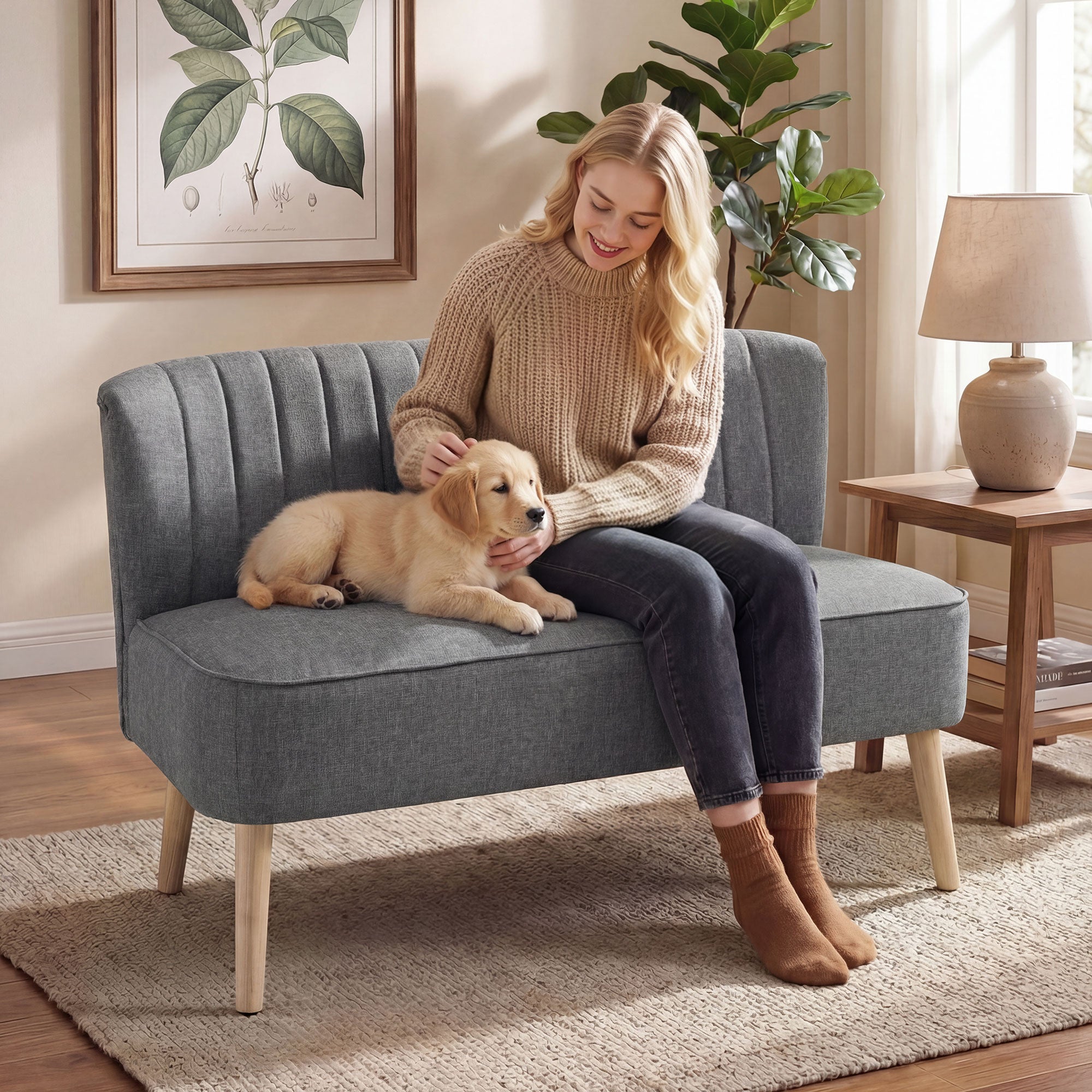 HOMCOM 117cm Loveseat Sofa Upholstered Small 2 Seater Sofa with Thick Padded Seat and Rubber Wood Legs, Grey 