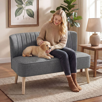 HOMCOM 117cm Loveseat Sofa Upholstered Small 2 Seater Sofa with Thick Padded Seat and Rubber Wood Legs, Grey 