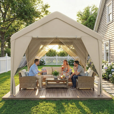 Outsunny 3 x 3 m Patio Gazebo with Netting & Curtains, Outdoor Canopy Shelter with Galvanised Steel Frame, Khaki 