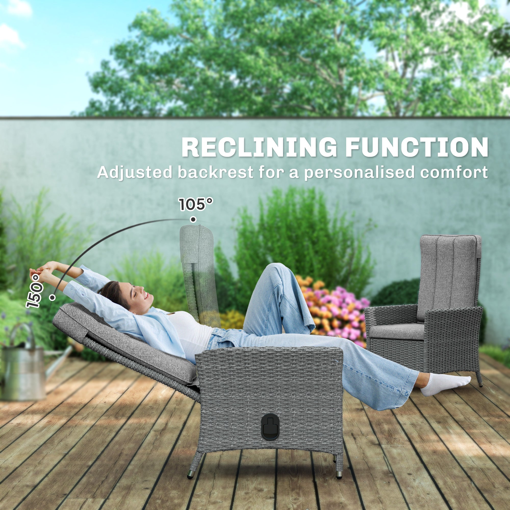 Outsunny 105°-150° Reclining Rattan Chair - Light Grey 