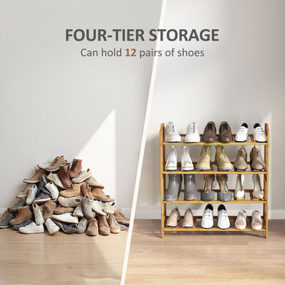 HOMCOM Freestanding Bamboo Shoe Rack, 4-Tier Shoe Shelf Stand for Hallway, Living Room, Bedroom, Natural Wood Finish 