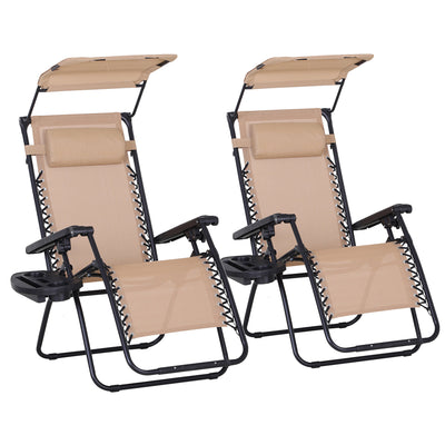 Outsunny 2 Piece Foldable Reclining Garden Chair with Headrest, Zero Gravity Deck Sun Lounger Seat Chair with Footrest, Armrest, Cup Holder & Canopy Shade, Beige 