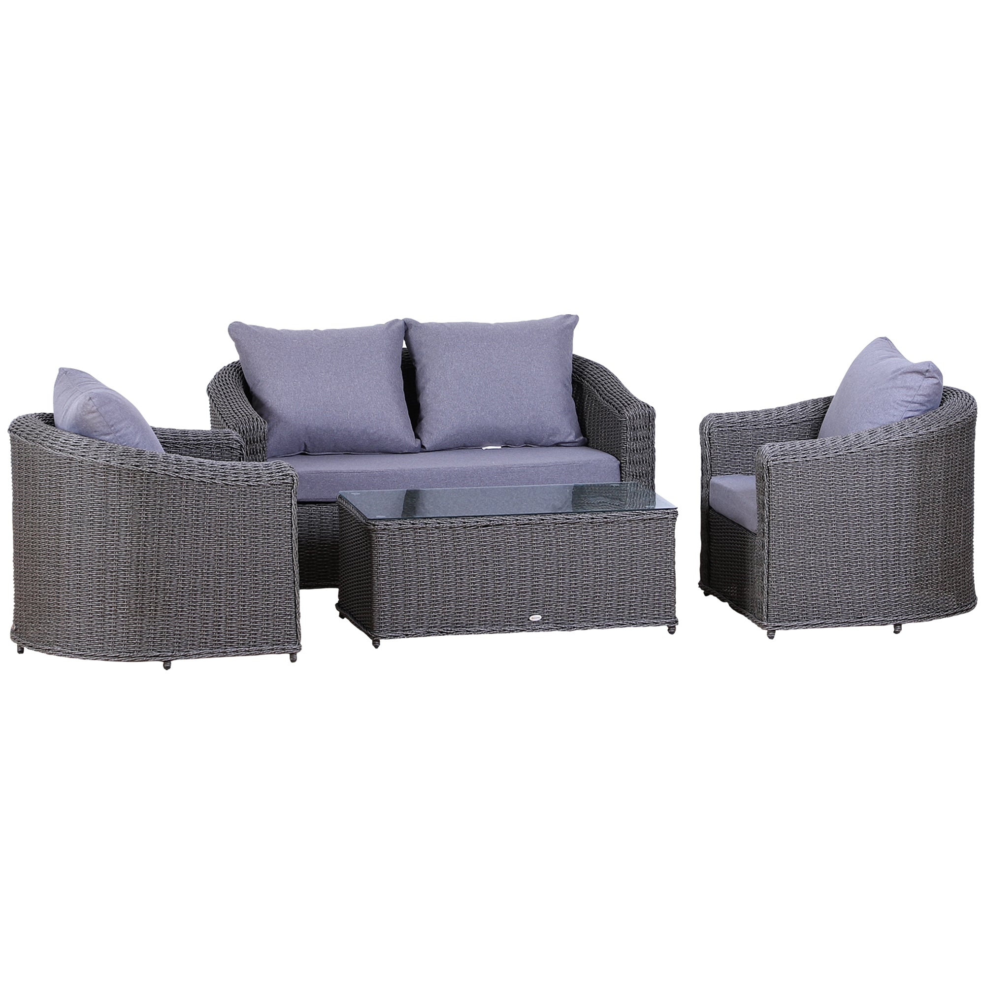 Outsunny Deluxe Round PE Rattan Garden Furniture Set, Fully-assembly Outdoor Sofa Set with Armchair, Loveseat, Glass Top Coffee Table, Aluminium Frame, Cushion, Grey 