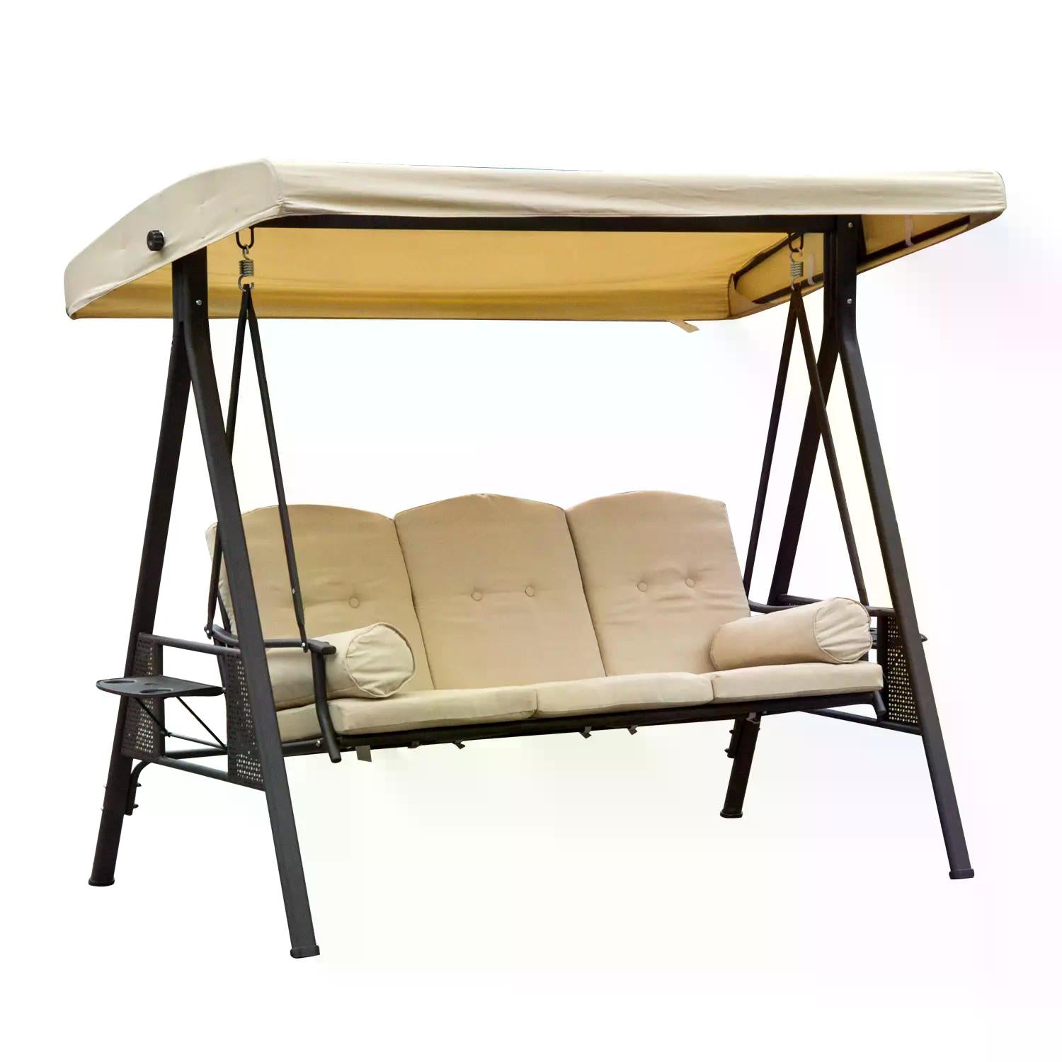Outsunny Swing Chair Hammock Chair 3 Seater Canopy Cushion Shelter Outdoor Bench Steel Beige 