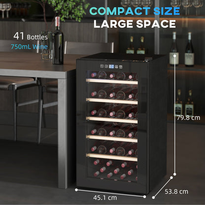 HOMCOM 41 Bottle Wine Fridge, 91 Litre Capacity, 45cm Wine Cooler Fridge with Glass Door, LED Light, Digital Touch Screen, Temperature Control, Freestanding Wine Refrigerator, Black 