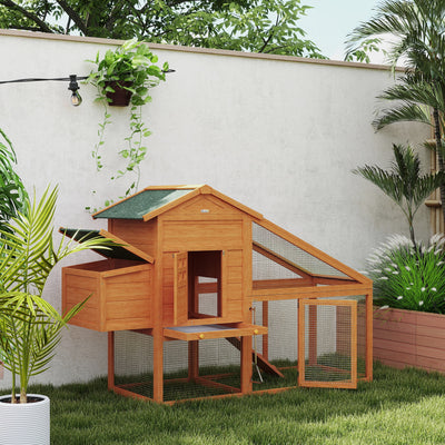 PawHut Wooden Chicken Coop with Run, Nesting Box, Slide-out Tray, Ramp, Perches, Asphalt Roof, 179 x 67 x 115cm 
