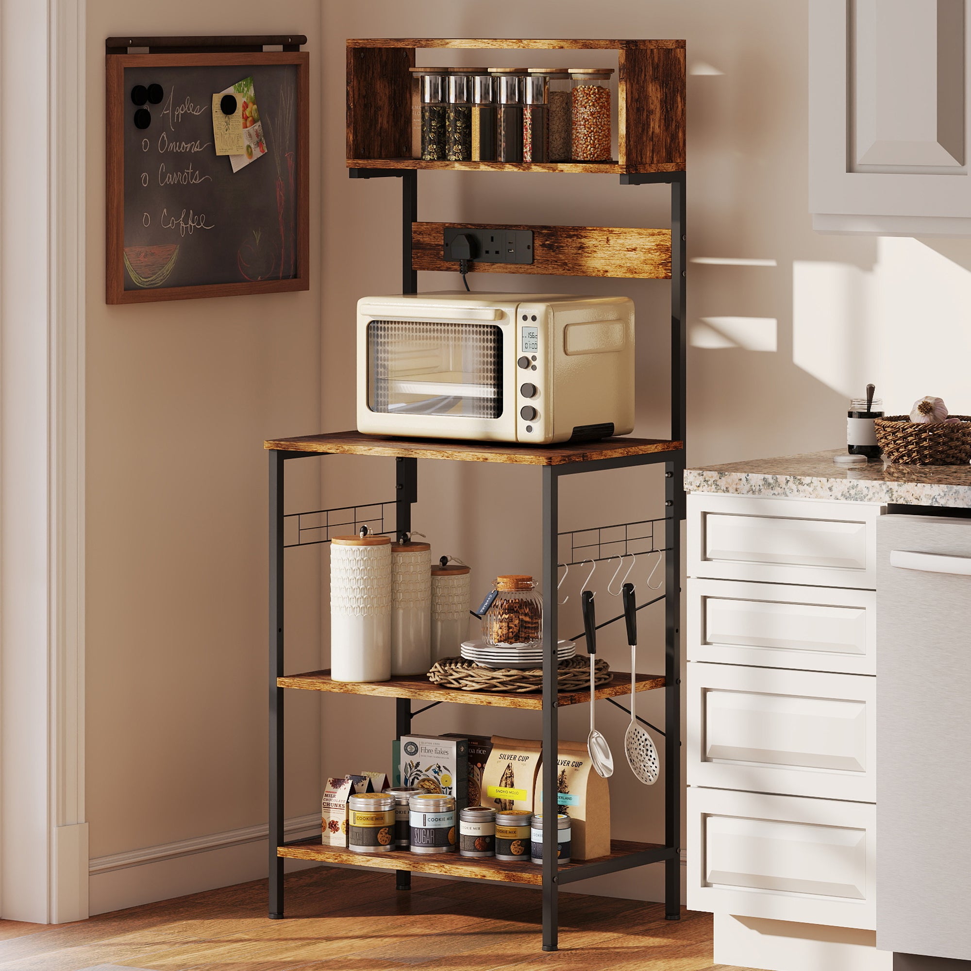 HOMCOM Kitchen Storage Rack, Bakers Rack with Power Outlet, USB Charger, Rustic Brown 