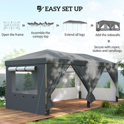 Outsunny 3 x 6 m Pop Up Canopy with UV50+ Protection Garden Gazebo with 6 Sidewalls, Dark Grey 