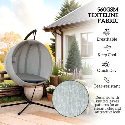 Outsunny Hanging Egg Chair Outdoor Indoor Garden Swing Chair with Folding Basket, Garden Hanging Chair with Stand, Thickened Cushion, Cup Holder for Patio, Balcony, Grey 