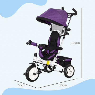 HOMCOM 6 in 1 Kids Trike Push Bike w/ Push Handle, Canopy, 5-point Safety Belt, Storage, Footrest, Brake, for 1-5 Years, Purple 