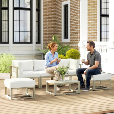 Outsunny Garden Daybed, 6 Piece Outdoor Sectional Sofa Set, Aluminium Patio Conversation Furniture Set with Coffee Table 