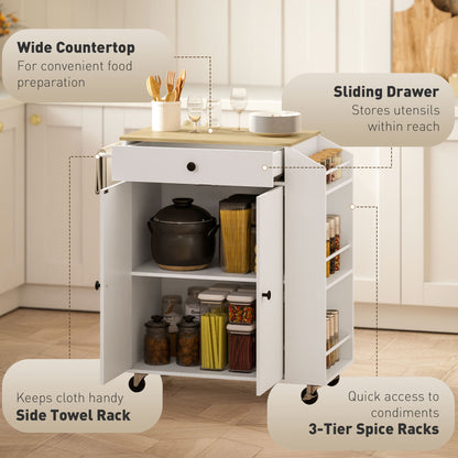 HOMCOM Rolling Kitchen Island with 3-Tier Spice Rack, Kitchen Storage Cart with Drawer and Towel Rack, White