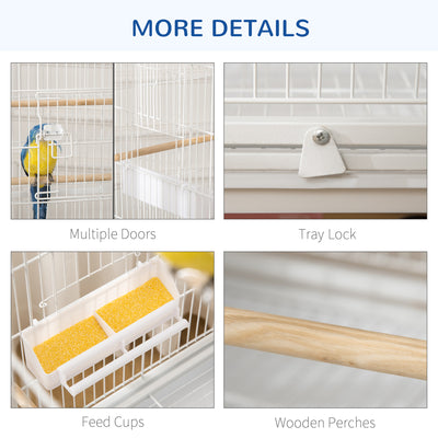 PawHut Large Bird Cage Budgie Cage for Finch Canaries Parakeet with Rolling Stand, Slide-out Tray, Storage Shelf, Food Containers, White 