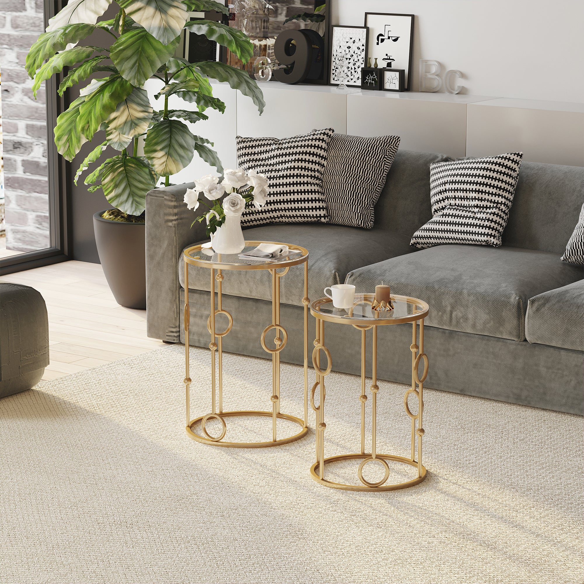 HOMCOM Round Coffee Tables Set of 2, Gold Nesting Side End Tables with Tempered Glass Top, Steel Frame for Living Room, Gold 