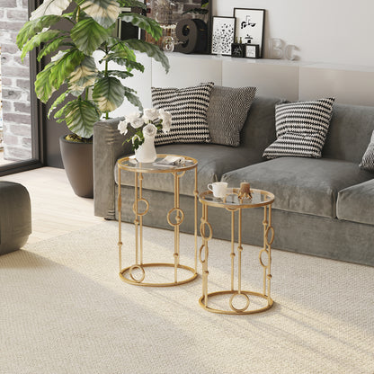 HOMCOM Round Coffee Tables Set of 2, Gold Nesting Side End Tables with Tempered Glass Top, Steel Frame for Living Room, Gold 
