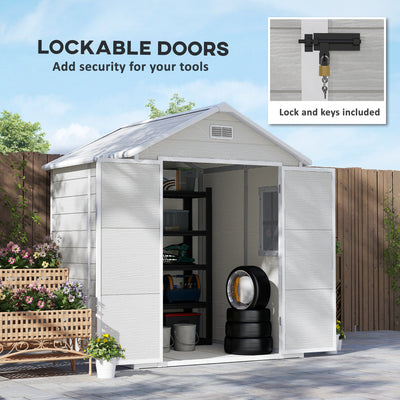 Outsunny 6 x 5ft Garden Shed, Plastic Shed with Floor, Window, Lockable Doors and Vents, Wood Effect Resin Tool Shed for Outdoor Patio, Light Grey 