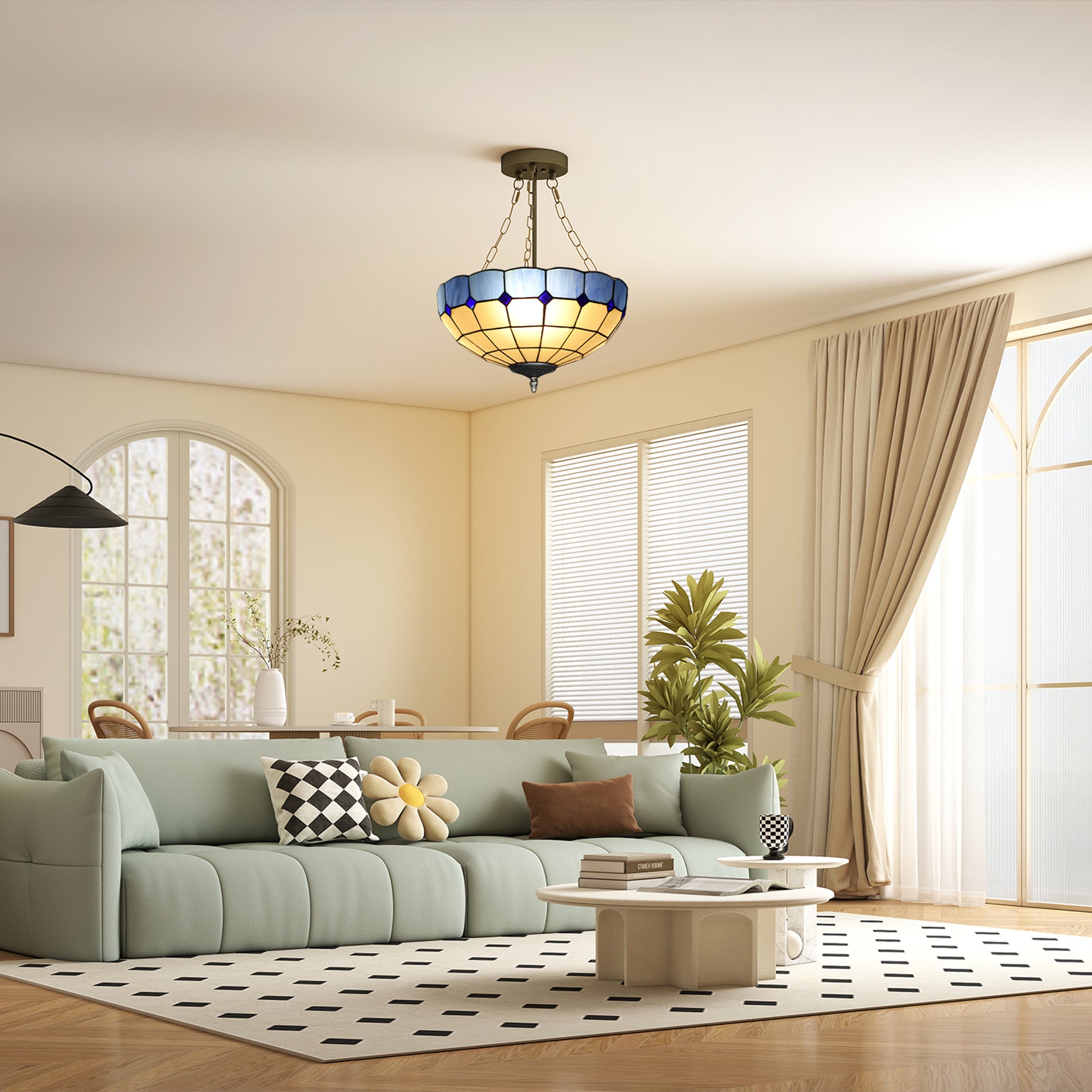 HOMCOM Tiffany Style Ceiling Light, Vintage Chandelier with 3 E27 Sockets, Semi Flush Mount for Living Room, Bulbs Not Included 