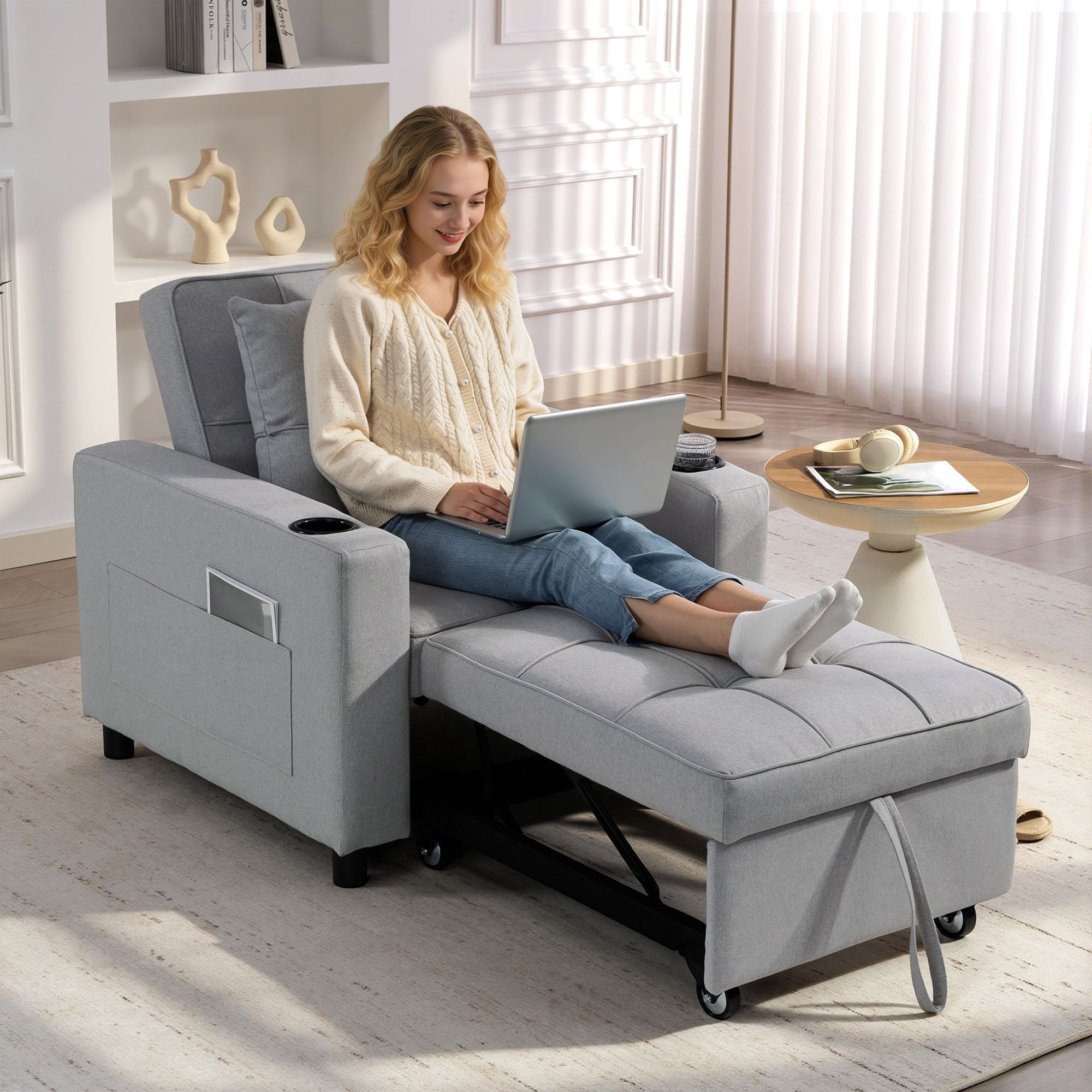 HOMCOM 3-in-1 Single Sofa Bed, Convertible Sleeper Chair Bed - Light Grey 