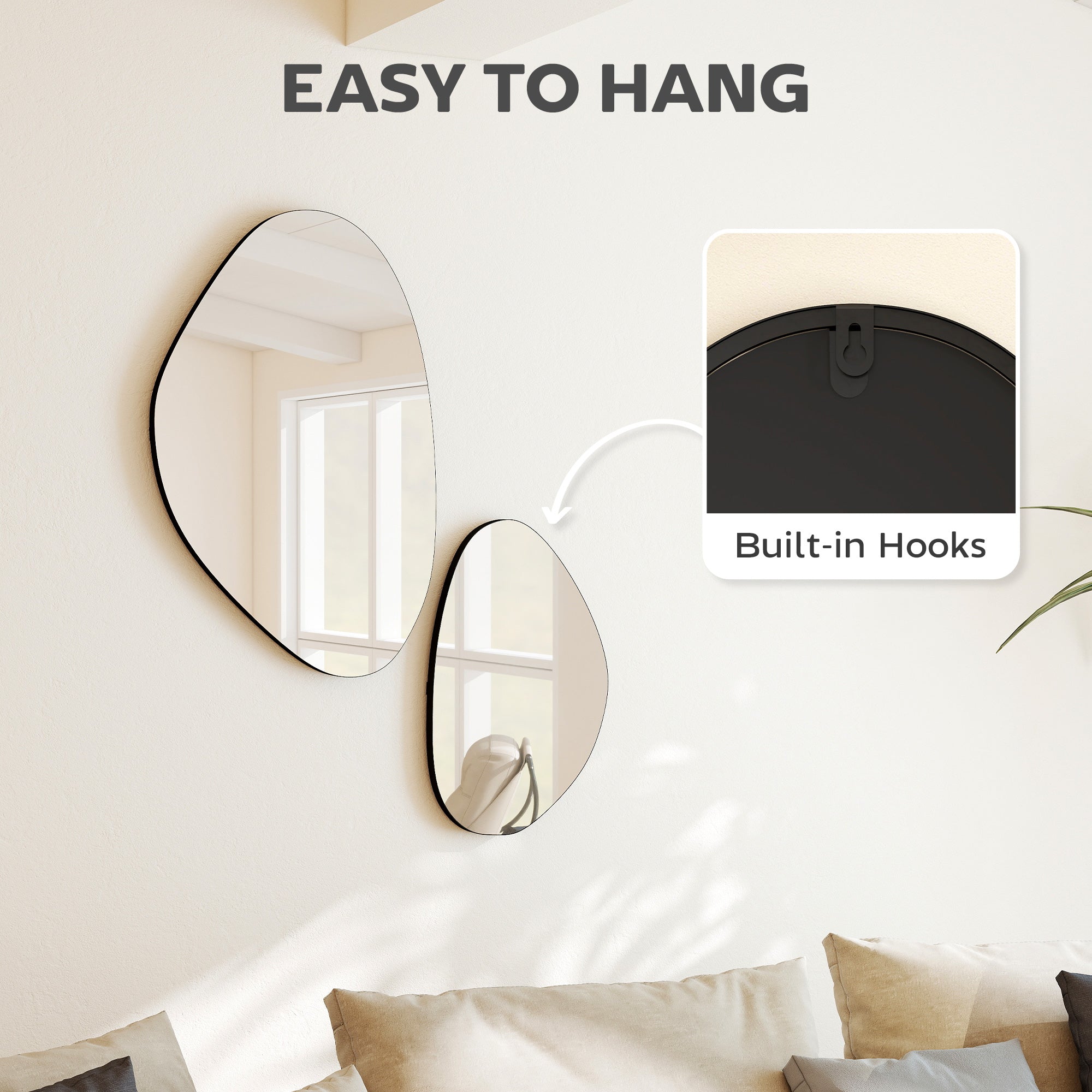 HOMCOM Set of 2 Pebble-Shaped Wall Mirror - Black 