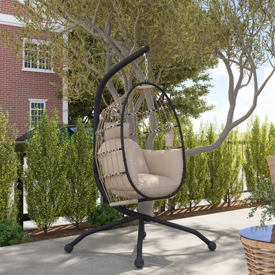 Outsunny Hanging Egg Chair Outdoor Indoor Garden Swing Chair with Folding Basket and Thickened Cushion, Garden Hanging Chair with Stand, Headrest, Cup Holder for Patio, Balcony, Khaki 