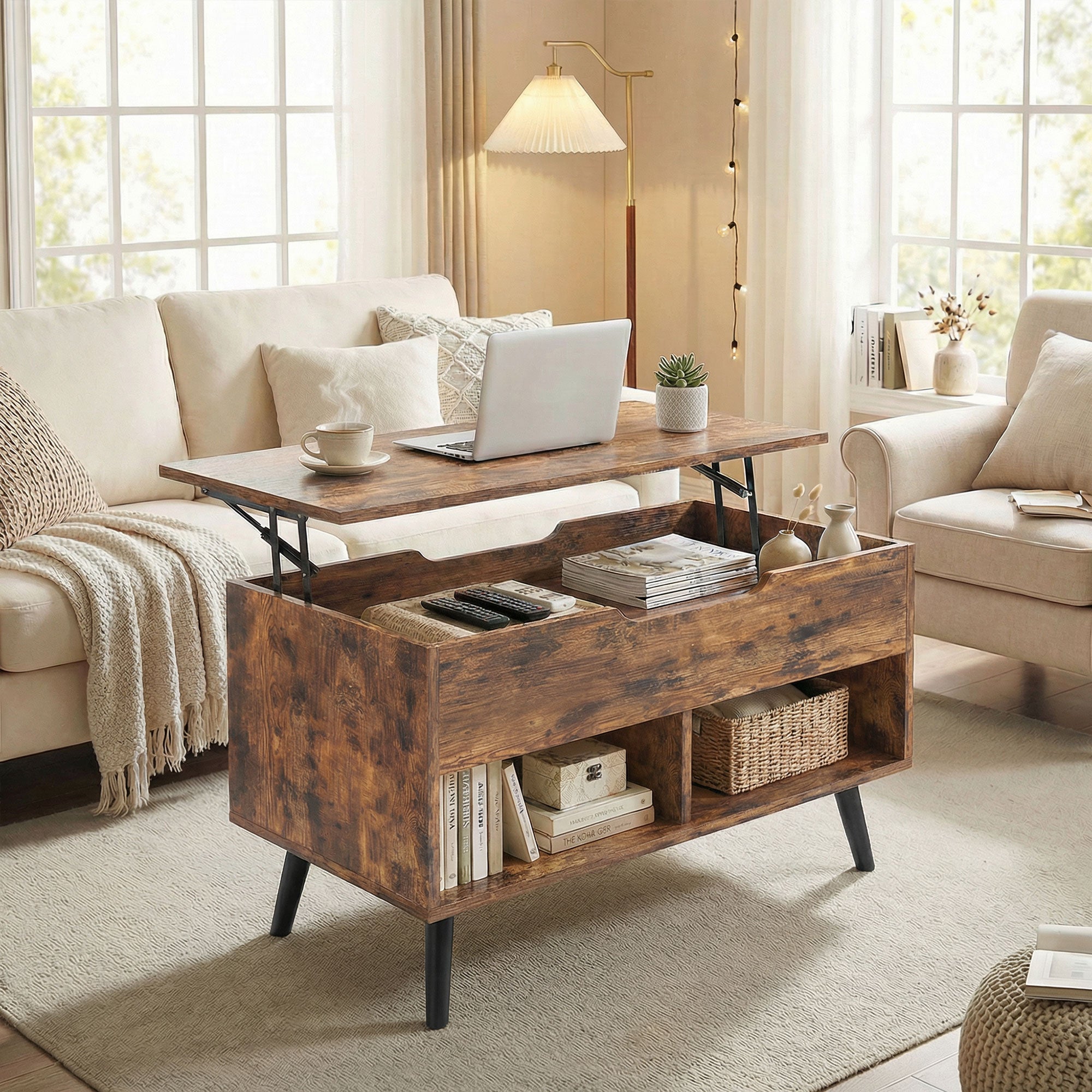 HOMCOM Lift Top Coffee Table with Hidden Storage Living Room Table Metal Legs 75 cm Rustic Brown 