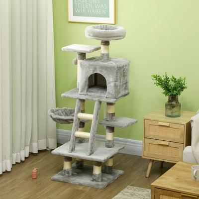 PawHut 132cm Cat Tree with Scratching Post, House, Hammock, Toy Balls - Grey 