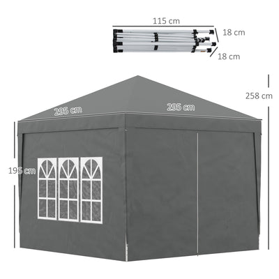Outsunny 3 x 3 Meters Pop Up Water Resistant Gazebo Wedding Camping Party Tent Canopy Marquee with Carry Bag and 2 Windows, Grey 