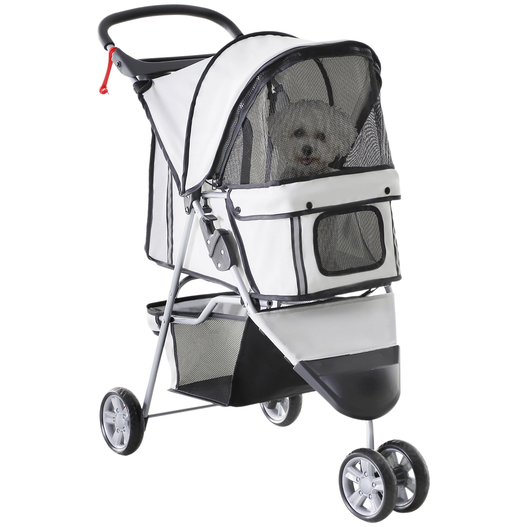 PawHut Dog Stroller, 3 Wheels Foldable Cat Dog Pram with Cup Holder, Storage Basket, Pet Stroller for Small Miniature Dogs, Grey 