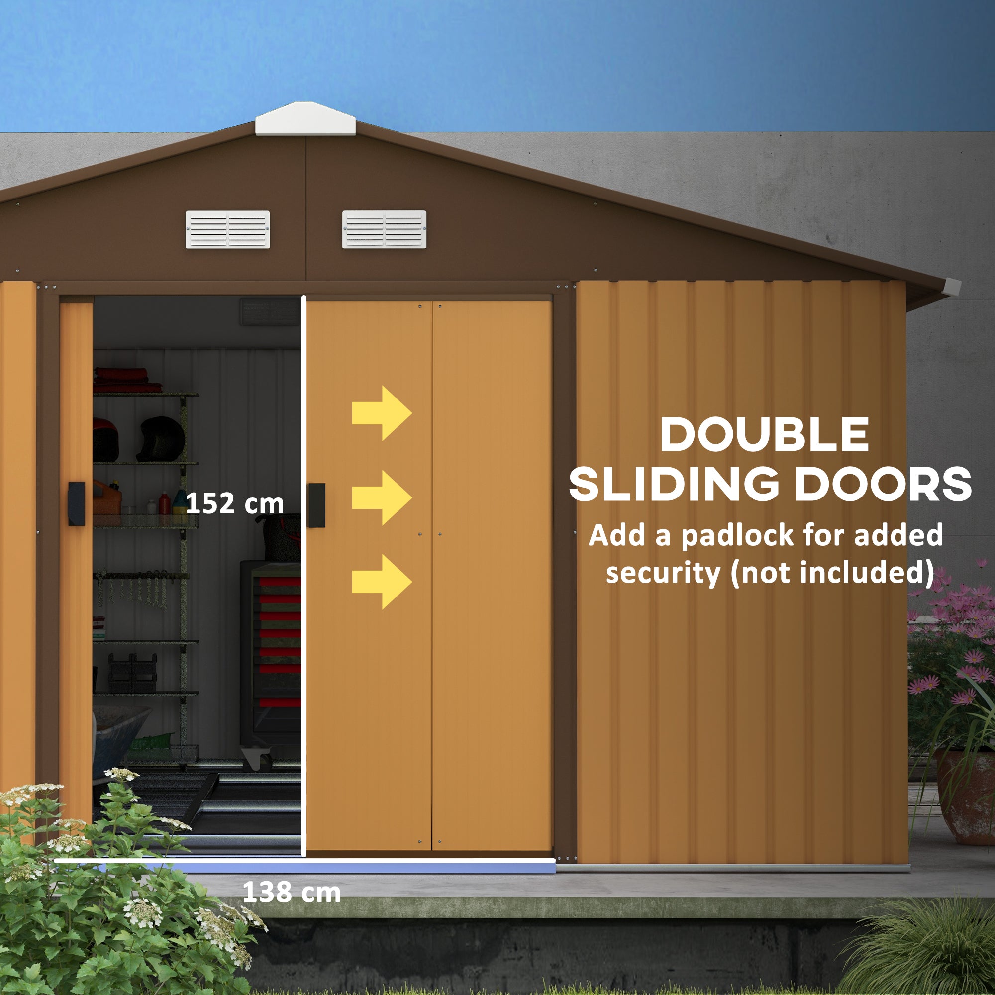 Outsunny 13 x 11ft Metal Garden Shed, Outdoor Storage Tool House with Ventilation Slots, Foundation Kit and Lockable Double Doors, Light Brown 