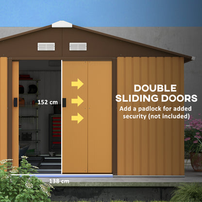 Outsunny 13 x 11ft Metal Garden Shed, Outdoor Storage Tool House with Ventilation Slots, Foundation Kit and Lockable Double Doors, Light Brown 