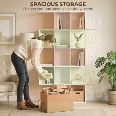 HOMCOM 5-Tier Bookshelf, S Shaped Geometric Bookcase with 15 Compartments, White Wood Effect 