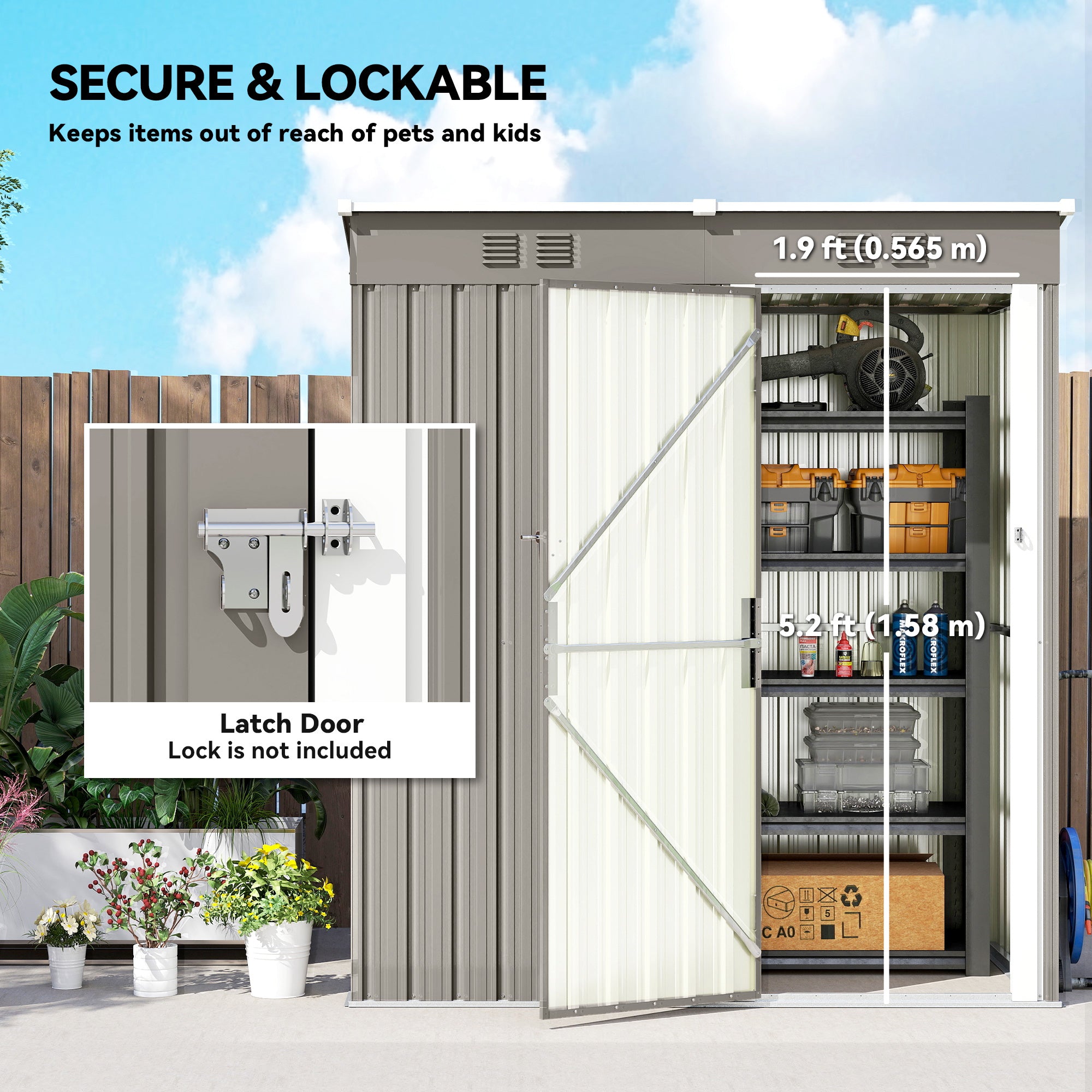 Outsunny 5 x 3 ft Lean-to Garden Shed, Outdoor Storage Shed with Lockable Door and Vents, Light Grey 