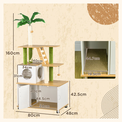 PawHut 2-in-1 Hidden Cat Litter Box, Green Leaf Cat Tree, with House, Ladder, Scratching Posts, Platforms, Indoors -Oak 