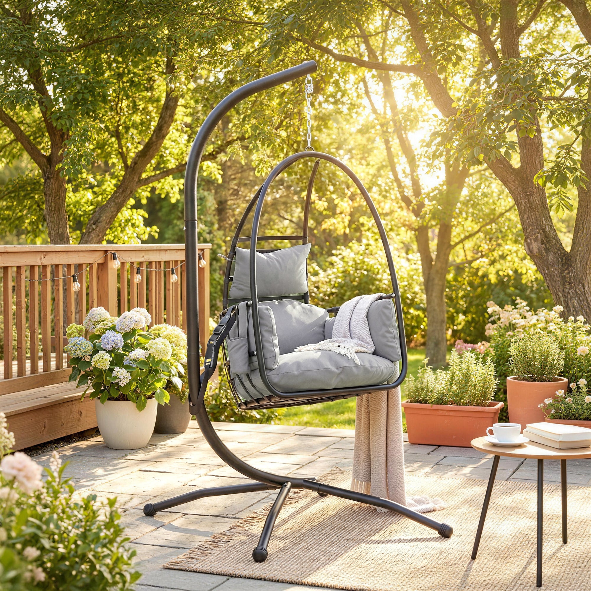 Outsunny Hanging Egg Chair, Indoor Outdoor Swinging Hammock Chair with Stand, Foldable Basket, Side Pocket, Dark Grey 