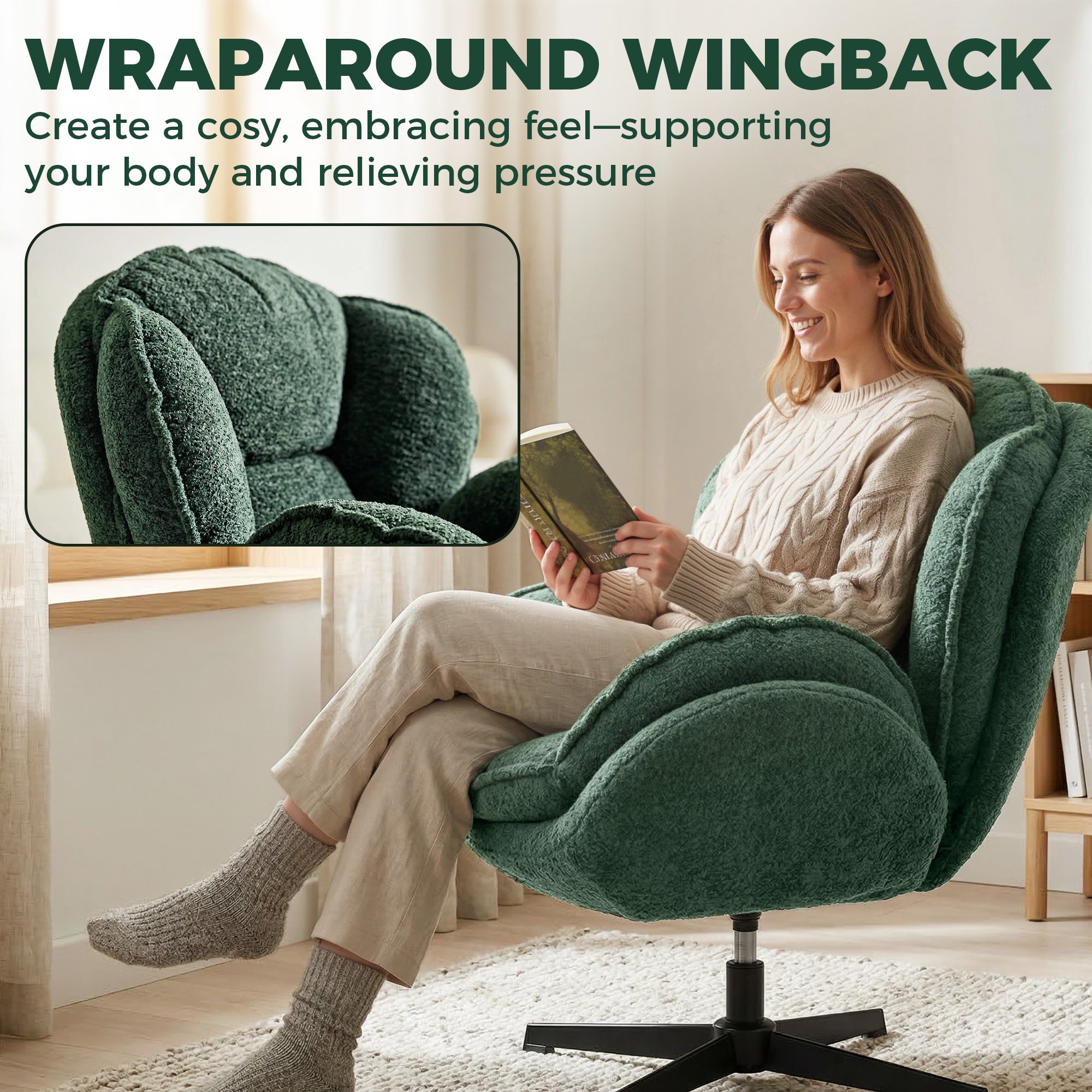 HOMCOM Modern Wingback Accent Chair, Velvet Armchair with Four-Star Base, S-Springs, Swivel, Dark Green 