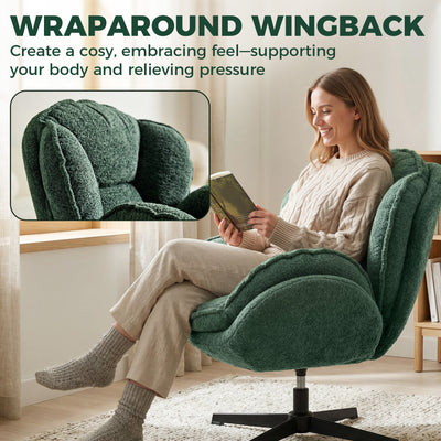 HOMCOM Modern Wingback Accent Chair, Velvet Armchair with Four-Star Base, S-Springs, Swivel, Dark Green 