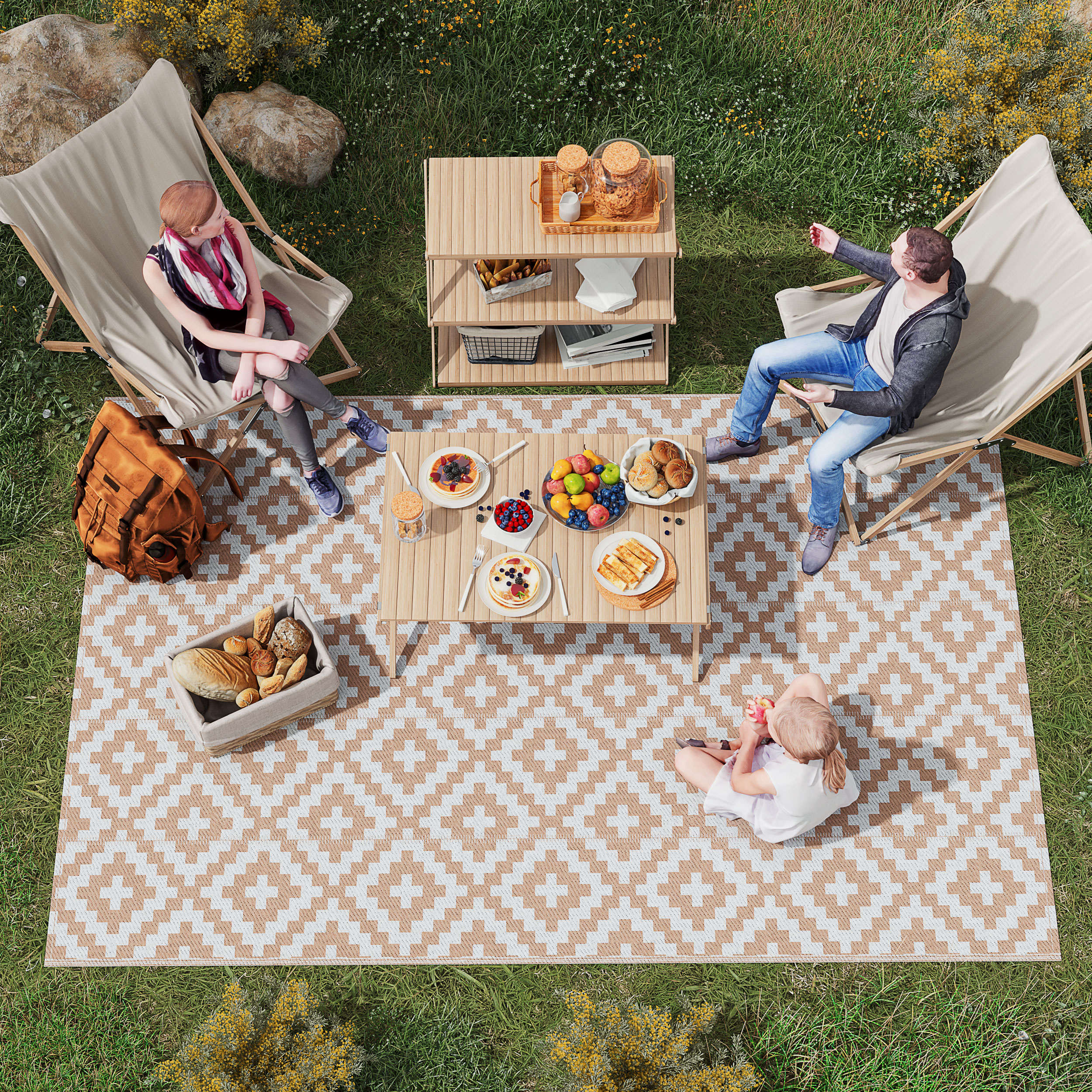 Outsunny Reversible Outdoor RV Rug, Patio Floor Mat, 274 x 182 cm Plastic Straw Rug for Garden, terrace, Beach, Camping, Coffee & White 